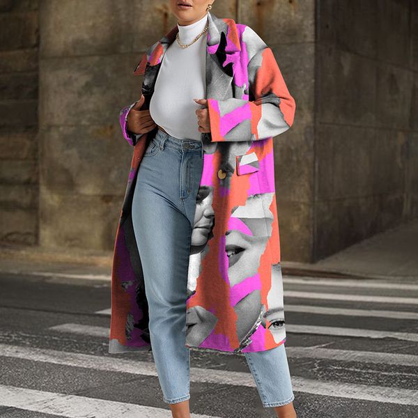 

women's wool women autumn winter long coats outerwear fashion print turn-collar sleeve overcoat elegant office ladies cardigan 2022, Black