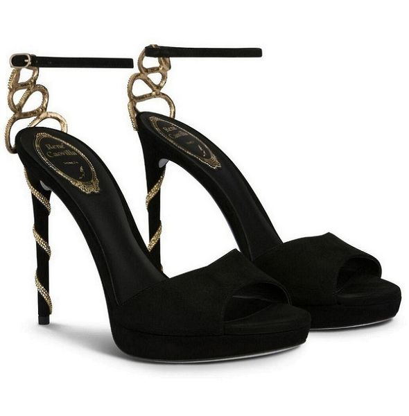 

elegant renecaovilla morgana sandals shoes gold crystal snake wrapped women open toe high heels crystal-embellished lady sandalias eu35-43, Black