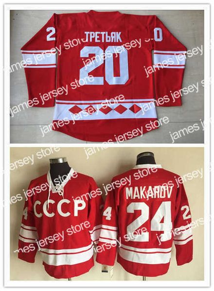 

college hockey wears 1980 vintag cccp russia hockey 20 vladislav tretiak 24 makarov jerseys mens 100% stitched red white alternate retro uni, Black