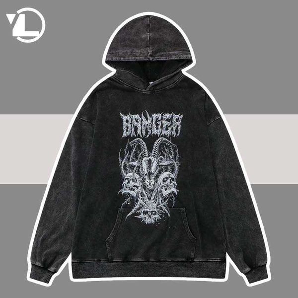 

men's hoodies sweatshirts retro wash men high street skeleton skull print hip hop hooded pullover women harajuku dark style sweatshirt, Black