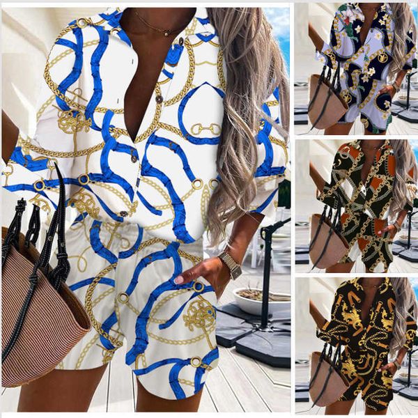 

two piece dress women's outfits 2 piece sets summer boho print shirts and shorts suit two piece sets ladies casual button shirt short, White