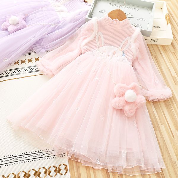 

kids cute rabbit embroider sweater dresses girls knitted ruffle collar splicing lace tulle dress flower bag 2pcs sets children princess clot, Red;yellow
