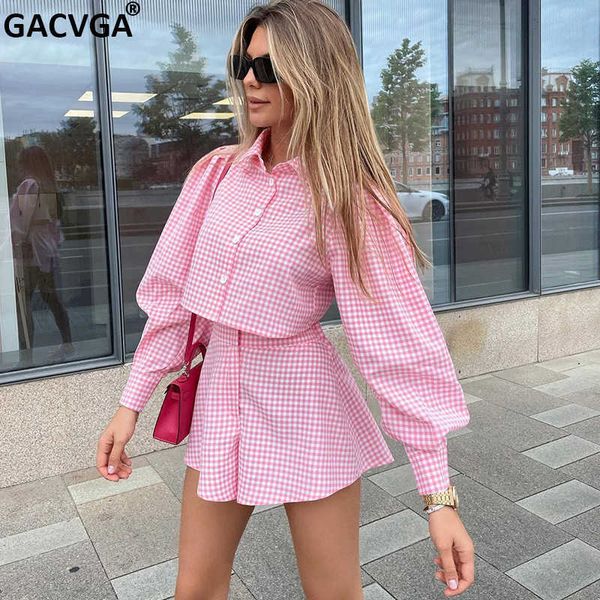 

women's two piece pants gacvga plaid culottes shorts sets shirt collar matching suits blouse long sleeve outfits summer autumn women tw, White