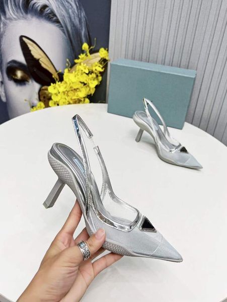 

women's mesh slip sandals designer shoes fashion pointy leather shoes rear strap design high heel 8.5cm triangle noble size 35-41, Black