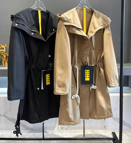 

designer women's trench jackets coats hooded jacket with lace-up waist, Tan;black