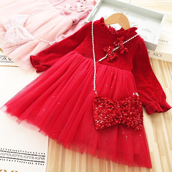 

girls chirstmas party dresses kids ruffle collar flare sleeve lace tulle dress bows sequins pearls chain bag 2pcs sets children velvet princ, Red;yellow