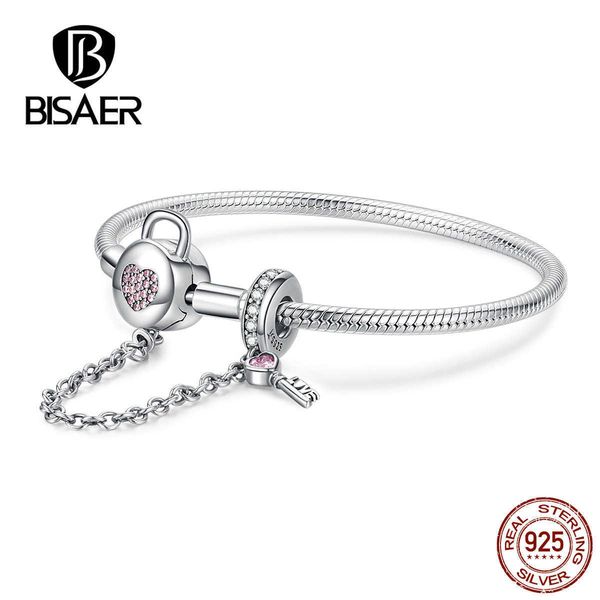 

beaded strands bisaer 925 sterling silver heart shape lock clasp safety chain femme charm bracelets for women luxury fine jewelry ecb143 l22, Black