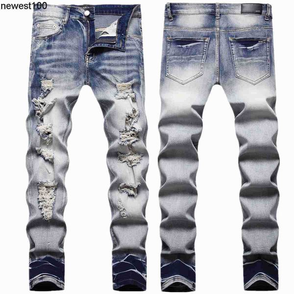 

men's jeans designer men's ripped amirs stretch jeans light color two color casual slim denim small foot stretch, Blue