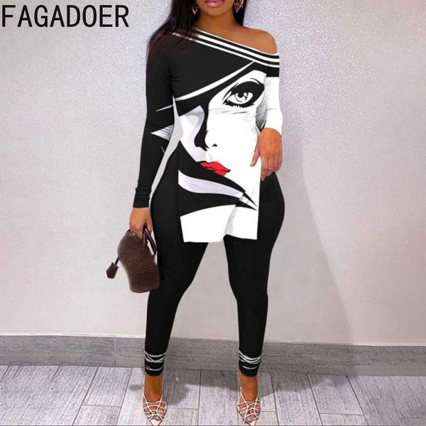 

women's two piece pants fagadoer fall winter casual print pants two piece sets women outfits female long sleeve side slit and skinny pa, White