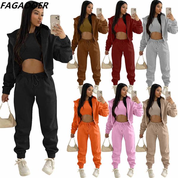 

women's two piece pants fagadoer winter hoody 3 piece sets women zipper hooded coat vest jogger pants tracksuits casual female matching, White