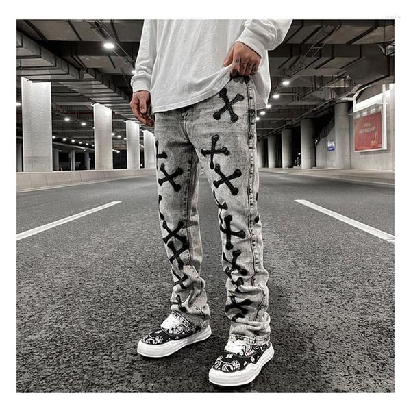 

men's jeans vintage washed distressed flare jeans with a design and pu leather bone embroidery, perfect for streetwear fashion, Blue