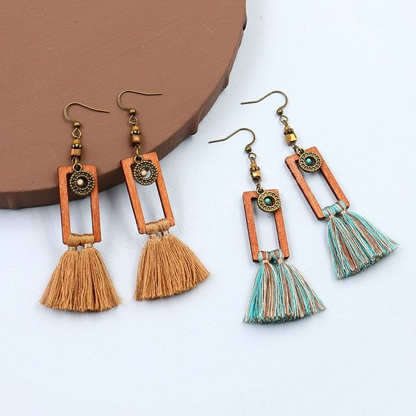 

ethnic wood square dangle hanging earrings for women boho vintage brown blue llong tassel earrings fashion statement jewelry, Silver