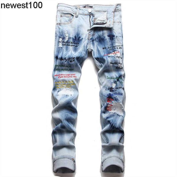 

men's jeans amirs designer hole slim elastic jeans youth blue letter embroidery men's denim pants