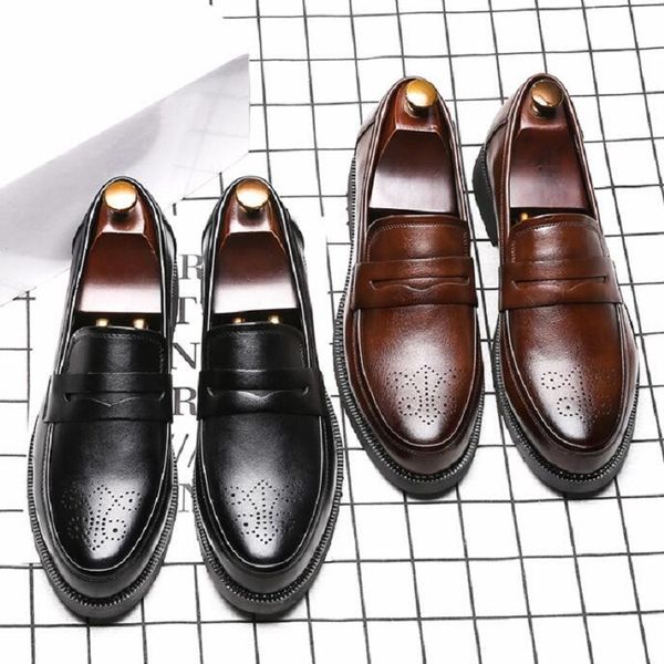 

luxury loafers men casual shoes slip on leather dress shoes plus size 38-46 brogue carving loafer soft driving shoes da07, Black