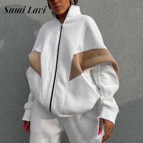 

women's two piece pants casual stand collar zipper outfits contrasting colors two piece women's tracksuit fashion sweatshirts coat, White