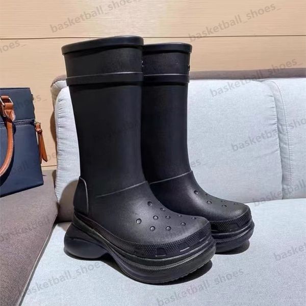 

designer croc rubber cross rain boots long round boot knight high platform booties, Black