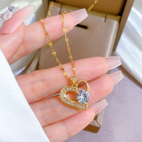

bling stainless steel heart shape pendant necklace 18k real gold plated classic jewelry, Silver