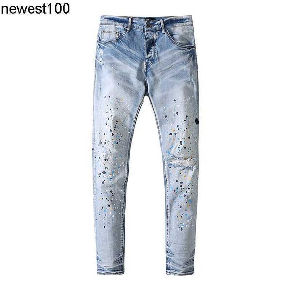 

men's jeans designer amirs new color drill splash ink graffiti paint knife cut holes make old jeans, Blue