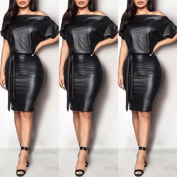 

casual dresses black asymmetrical faux leather bodycon dress women summer long sleeve knee length pencil, Black;brown