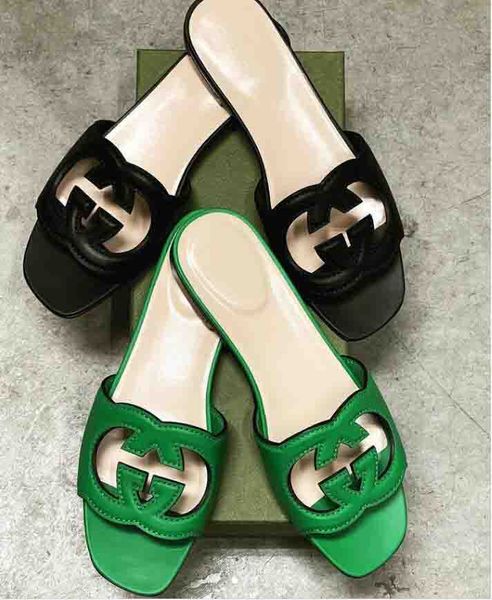 

slipper genuine leather women flat slippers slide g- -cut out leather sandals luxury brand sandal with box 35-42size, Black