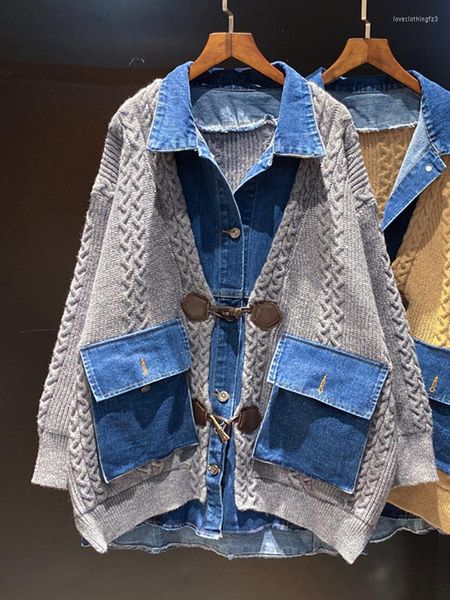 

women's jackets hit color knitting coats for women lapel long sleeve patchwork denim loose straight female autumn clothing 2022, Black;brown