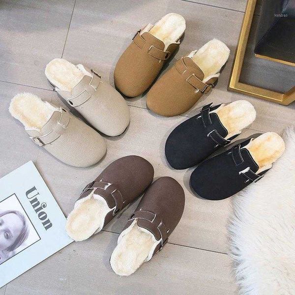 

slippers women faux suede ladies mules shoes1 winter warm fur upper platform flat low heel outdoor non slip plush lining, Black