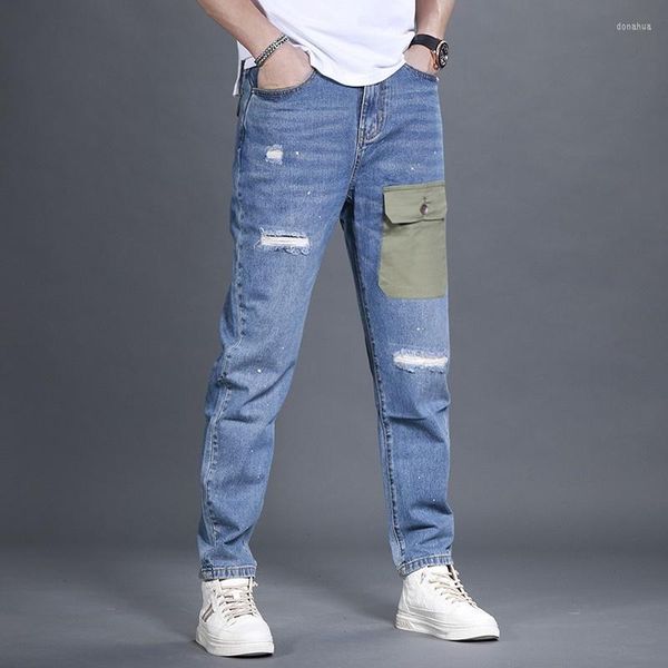

men's jeans hole summer ripped mens loose straight casual pants high street vintage denim thin section light blue cargo