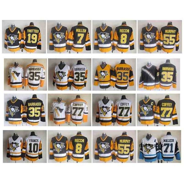 

95 vintage pittsburgh penguins jersey 35 tom barrasso 7 joe mullen 8 mark recchi ron francis bryan trottier paul coffey larry murphy ccm nhl, Black