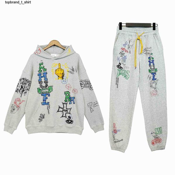 

new men's tracksuits designer rhude winter style hand-painted graffiti casual hooded long sleeve sweater trousers suit, Gray