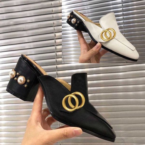 

classic designer women slippers soft cowhide 100% leather thick heels metal woman shoe beach lazy baotou sandals pearl high heeled shoes, Black