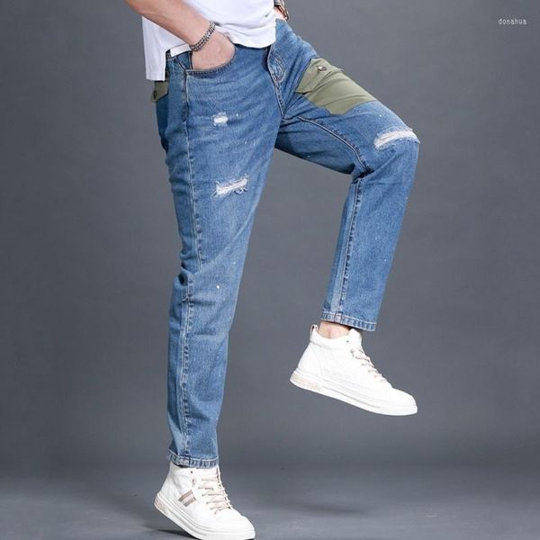 

men's jeans hole summer ripped mens loose straight casual pants high street vintage denim thin section light blue cargo