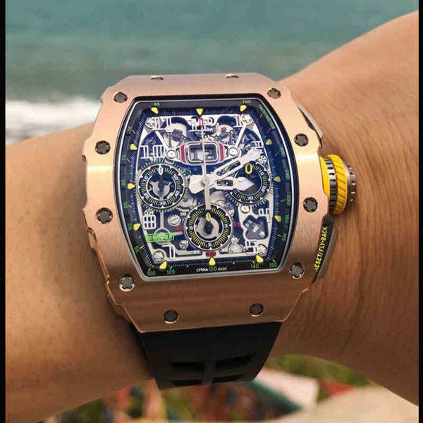 

luxury mens mechanics watch richa brand skeleton automatic mechanical es black rubber mens yellow dial rose gold wristwatch