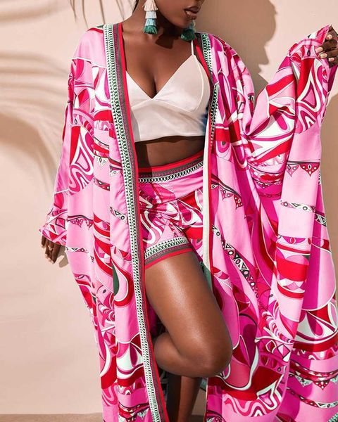

two piece dress women open long loose cardigan high waist abstract print batwing sleeve cardigan shorts set shorts summer fashion t230113, White