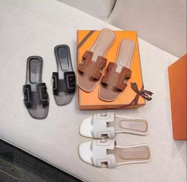 

2022 fashion sandals genuine leather women slippers summer luxury flat slides ladies beach sandal party wedding oran slipper, Black