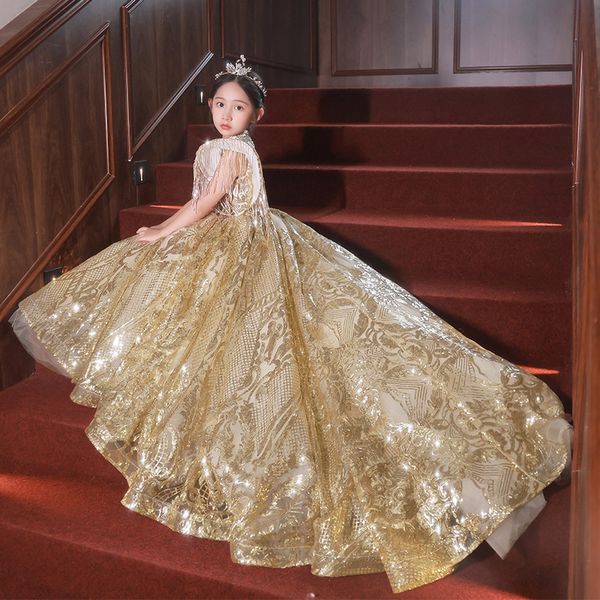 

gold crystal flower girls dress pageant dresses ball gown beaded luxury toddler infant clothes little kids birthday gowns 2023, White;blue