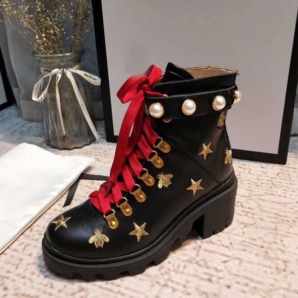 

martin short boots 100% cowhide buckle metal women shoes classic thick heels leather women s designer shoe high heeled fashion lady pearl, Black