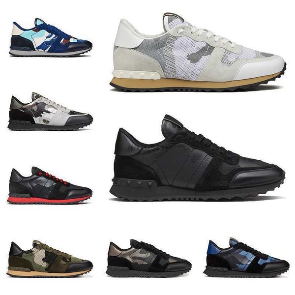 

men women luxury designer shoes rockrunner sneakers in camouflage mesh fabric rubber stud triple black white bred mens trainers jogging