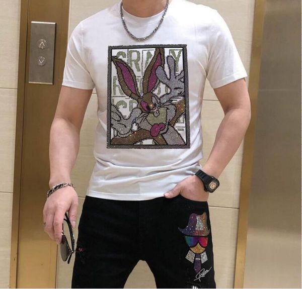 

europe style 100% cotton t shirt designer rhinestone men tees, White;black