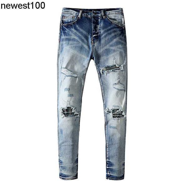 

designer men's jeans amirs style worn jeans youth elastic slim fit hole patch pants, Blue