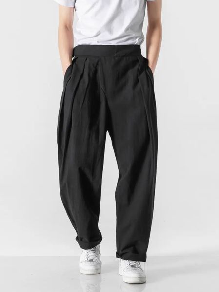 

men's solid color loose pleated casual pants / applicable people adult, Black