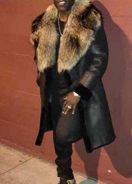 

men's wear winter pu fur leather one-piece long coat imitation crystal fox hair big hair collar, Black