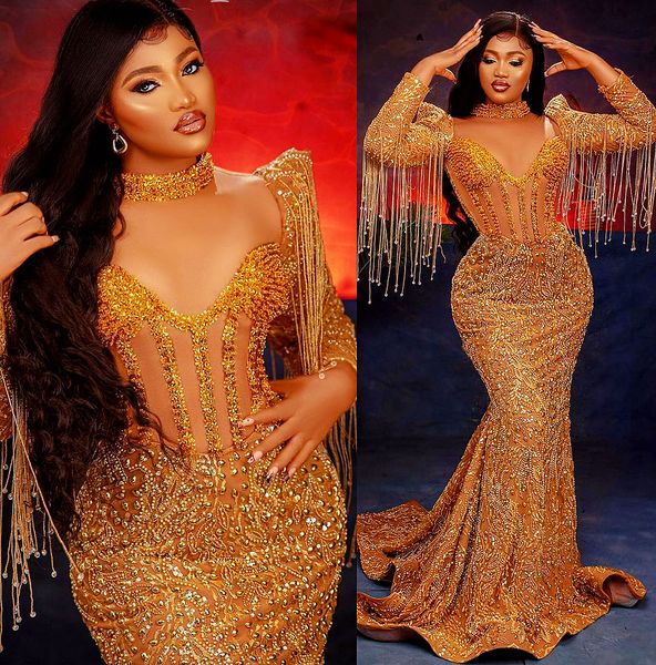 

2022 arabic aso ebi mermaid gold prom dresses beaded crystals evening formal party second reception birthday engagement gowns dress zj7070, Black