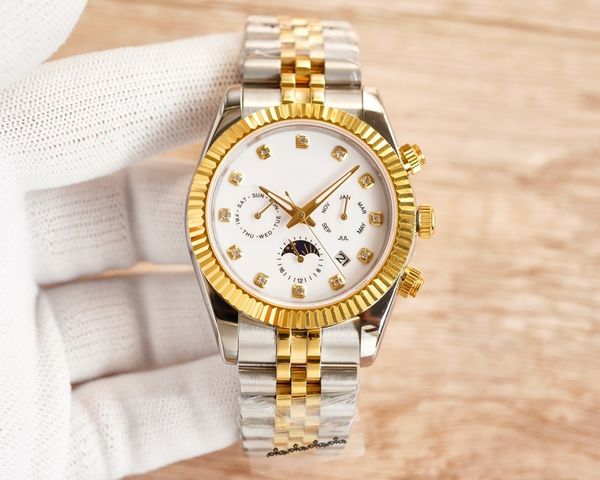 

men's mechanical watch 316l gold 41mm dial inner diamond original 9100 super excellent movement automatic winding classic log moon phas, Slivery;brown