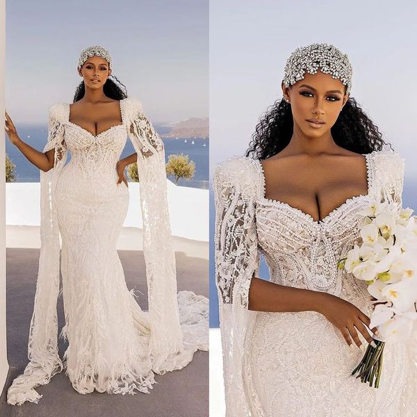 

arabic beach white mermaid wedding dress luxury pearl sweetheart trumpet full sleeve lace bridal gowns robe de soiree