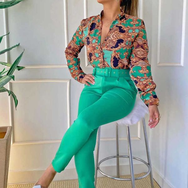 

women's two piece pants women baroque print long sleeve pants set with belt 2022 autumn women long sleeve casual blouse two piece pants, White