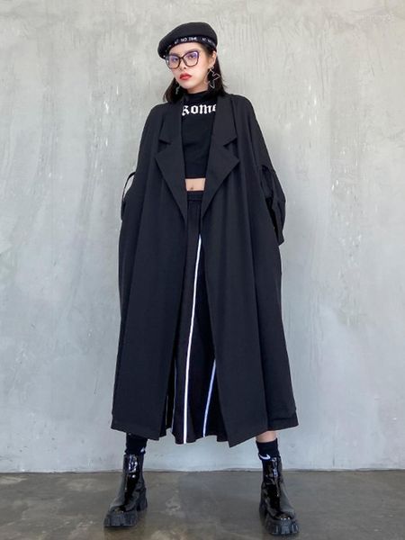 

women's jackets solid trench for women lapel long sleeve patchwork pocket minimalist loose trenches female autumn fashion style, Black;brown