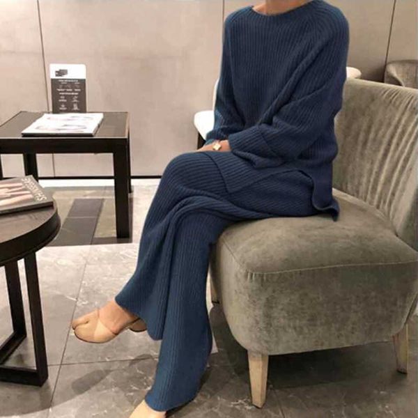 

women's two piece pants 2021 winter fashion women's thicken warm knitted pullover sweater two-piece suits high waist loose wide le, White