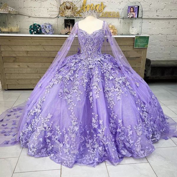 

mint lilac lavender butterfly quinceanera dresses with cape lace-up applique prom sweet 16 dress mexican vestidos de xv anos, Blue;red