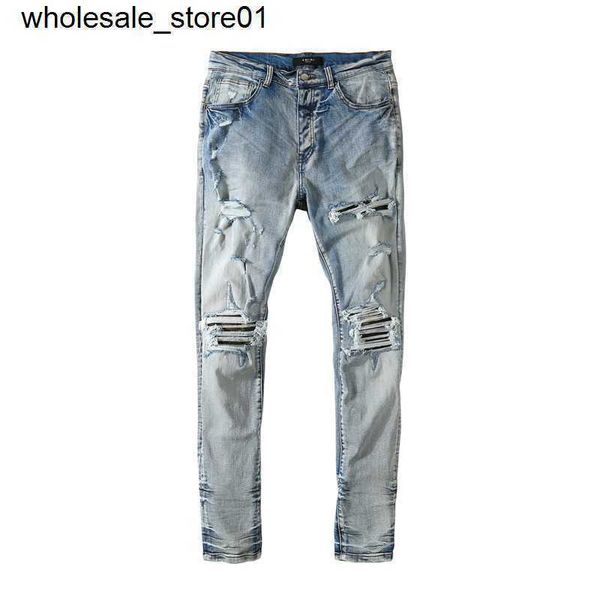 

new men's jeans designer amirs fashion brand wash blue collage slim fit jeans men's streetwear