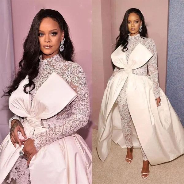 

rihanna lace prom dresses jumpsuits with overskirt 2023 big bow long sleeve high neck illusion modern celebrity evening gowns boho pant suit, Black